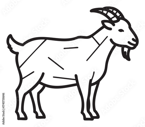 Black outline vector icon of a standing goat with curved horns and a small beard, illustrating a simple animal profile for farming or wildlife themes.