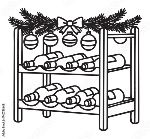 Black outline of a two-tiered wine rack adorned with festive ornaments, fir branches, and a decorative bow.