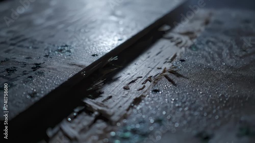 Grungy, Wet Wood Surface with Splintered Edges and Glass Shards