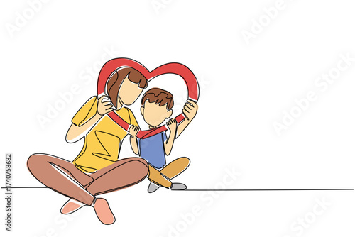 Single continuous line drawing boy and his mother sitting on the floor holding a heart shaped frame. The closeness of a boy and his mother. Mothers at the Wall Day. One line design vector illustration