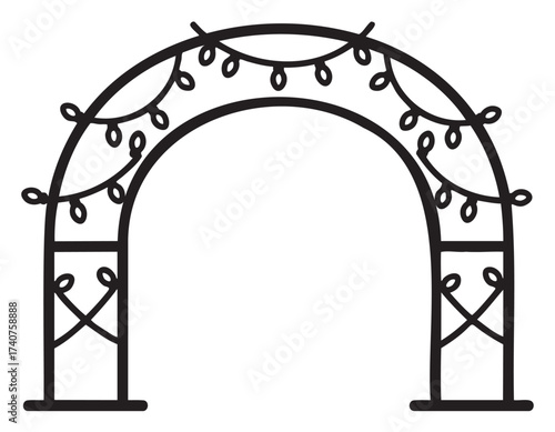 Black outline vector icon of an arched wedding arbor decorated with small hanging lights. simple linear illustration for wedding and event planning concepts.