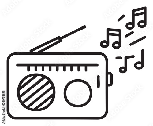 Black outline of a vintage radio with an antenna and musical notes depicting sound waves, illustrating a concept of audio transmission.