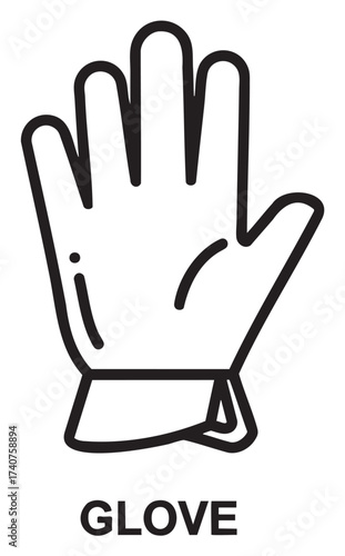 Black outline vector icon of a single glove with visible stitching details, presented in a minimal linear style.