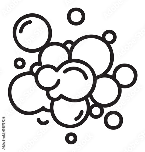 Black outline of multiple overlapping soap bubbles, varying in size, forming a cluster for cleaning and hygiene concepts.