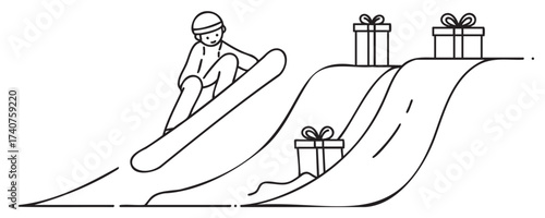 Stylized black outline drawing of a snowboarder performing a trick on a slope, surrounded by three gift boxes.
