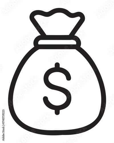 Black outline icon of a simple money bag with a dollar sign, symbolizing wealth and finance.