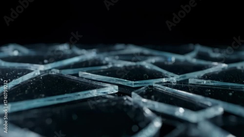 Detailed macro shot of shattered transparent glass on black surface