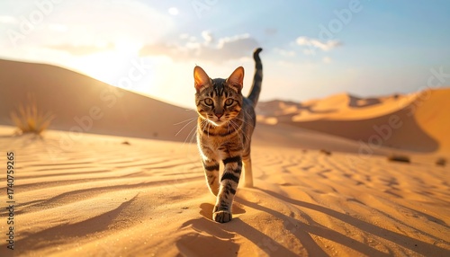 Fototapeta Naklejka Na Ścianę i Meble -  Cat Walking in Desert, Sunlight and Nature at Sunset, Sand Dunes Scene