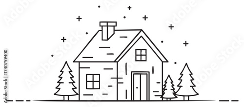 Black outline of a cozy house with a chimney and triangular roof, surrounded by pine trees and small stars on a white background.