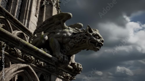 Gothic Stone Gargoyle on Cathedral Watching Ominous Dark Stormy Sky