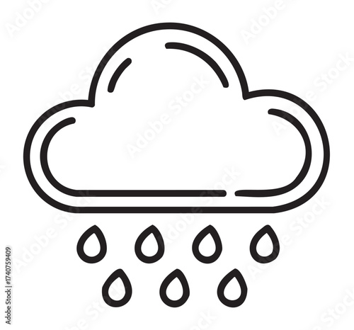 Black outline icon of a cloud with raindrops falling underneath, representing rainy weather in a simple linear style.