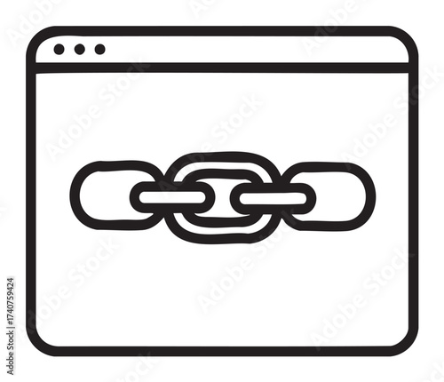 Black outline vector icon of a simple chain link inside a browser window. minimal linear illustration for internet safety and security concepts.