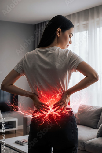 Back pain, kidney inflammation, woman suffering from backache