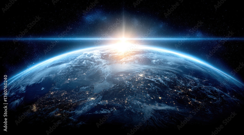 Fototapeta premium A vibrant Earth from space, illuminated by the sun's rising brilliance. Glowing atmosphere