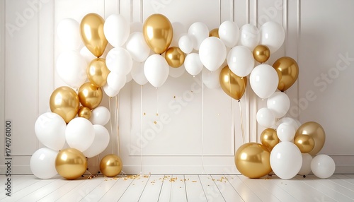 A celebratory indoor scene, a mix of gold and white balloons creates a curved arch against a plain wall and floor