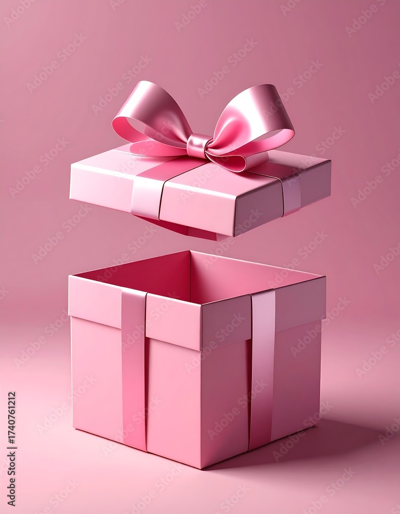 Obraz premium Open Pink Gift Box with Ribbon and Bow on Pink Background.