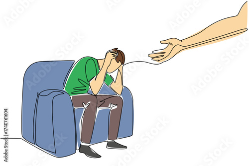 Single one line drawing man sitting on sofa with both hands holding his head. Helps to get out of trouble. National Mental Health Provider Appreciation Day. Continuous line design graphic illustration