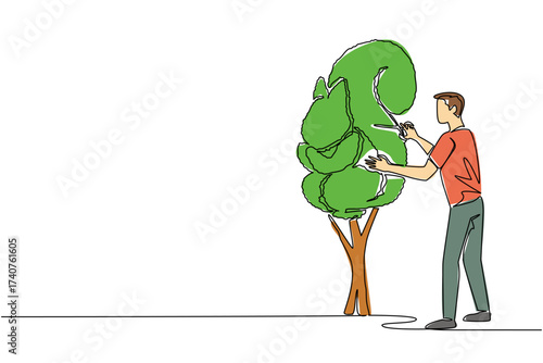 Single continuous line drawing a male gardener holding tree shears shaping a tree into a squirrel. Unique creative art. Symbol of perseverance. World Topiary Day. One line design vector illustration