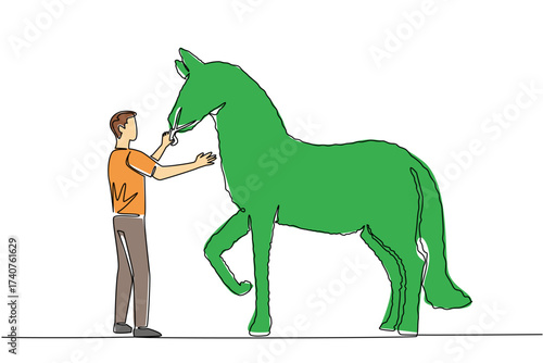 Single one line drawing a male gardener stands holding tree shears shaping a tree into a horse. Made with detail and precision. Hobby. World Topiary Day. Continuous line design graphic illustration