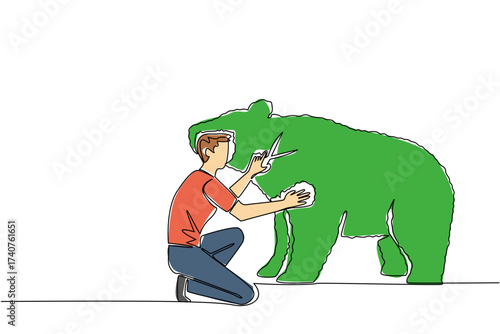 Single continuous line drawing a male gardener kneeling holding tree shears shaping a tree into a bear. Channeling hobbies into different media. World Topiary Day. One line design vector illustration
