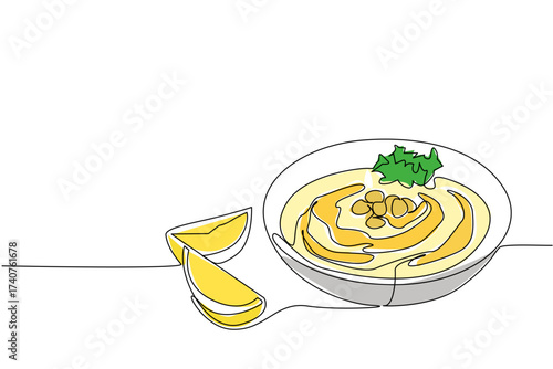 Continuous one line drawing hummus in white bowl with leaf and nut toppings plus lemon slices. Creamy and fresh blend in mouth. International Hummus Day. Single line draw design vector illustration