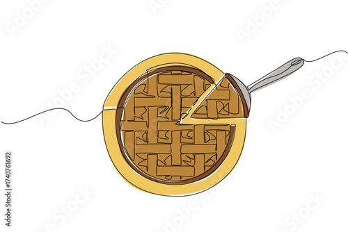 Single one line drawing apple pie and small portion on a cookie scoop on a round wooden cutting board. Taste a spoonful of pleasure. National Apple Pie Day. Continuous line design graphic illustration