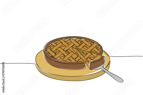 Single one line drawing apple pie cut into small pieces on a cookie scoop and on a round wooden cutting board. Share the pleasure. National Apple Pie Day. Continuous line design graphic illustration