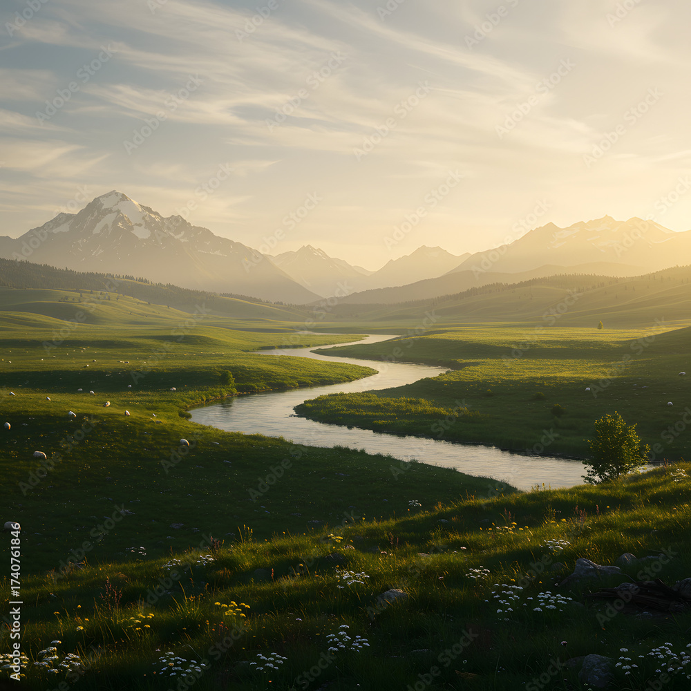 Obraz premium Golden River Flowing Through Green Meadows Towards Snowy Mountains at Sunset