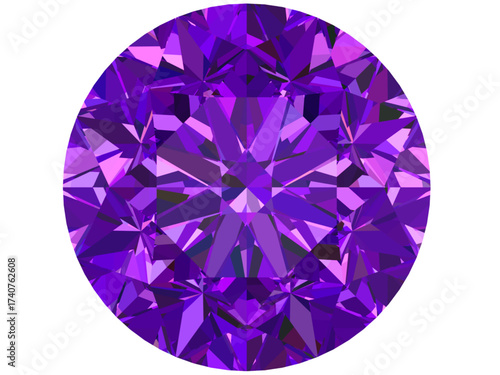 vector illustration of a round-cut gemstone, specifically resembling a purple diamond or amethyst. It features intricate geometric facets that create a realistic 3D effect