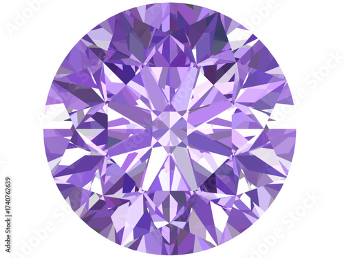vector illustration of a round-cut gemstone, specifically resembling a purple diamond or amethyst. It features intricate geometric facets that create a realistic 3D effect
