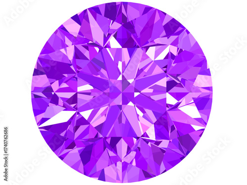 vector illustration of a round-cut gemstone, specifically resembling a purple diamond or amethyst. It features intricate geometric facets that create a realistic 3D effect