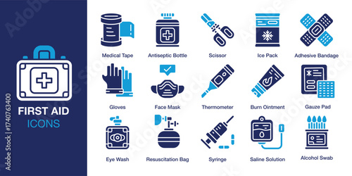 First Aid icon set. Containing medicine, care, safety, first, accident and more. Solid vector icons collection. Vector illustration.