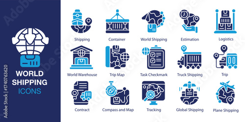 World Shipping icon set. Containing transport, cargo, export, freight, import and more. Solid vector icons collection. Vector illustration.
