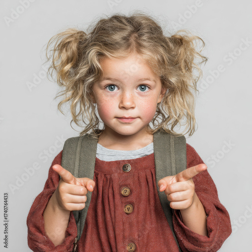 Beautiful portrait of a cheerful young girl with curly hair, wearing casual clothing and a backpack, capturing childhood innocence and happiness in outdoor setting