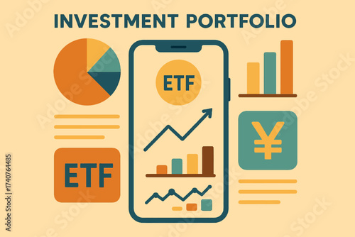 Portfolio management concepts with technology icons and graphs