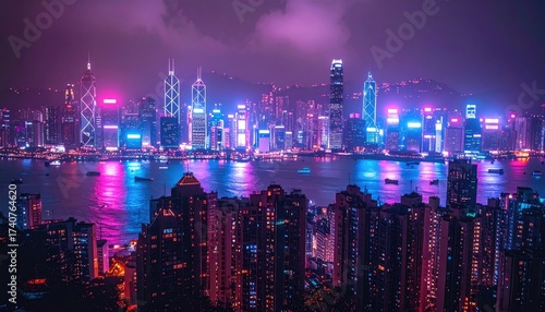 Wallpaper Mural Neon Cityscape with Illuminated Skyscrapers and Water Reflections at Night Torontodigital.ca