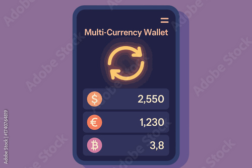 Multi-currency wallet interface with neon currency symbols on smartphone display
