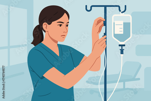 Healthcare professional adjusting iv drip in hospital setting