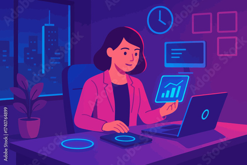 Modern businesswoman analyzing data at night in futuristic office