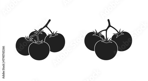 Black and white illustration of two groups of cherry tomatoes on vines