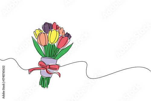 Continuous one line drawing colorful tulips tied with paper and ribbon. Beautiful colors for the most beautiful women. Little surprise. The gift. Tulip Day. Single line draw design vector illustration