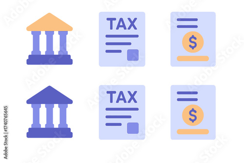 Glowing tax document icons with bank symbol in modern neon style