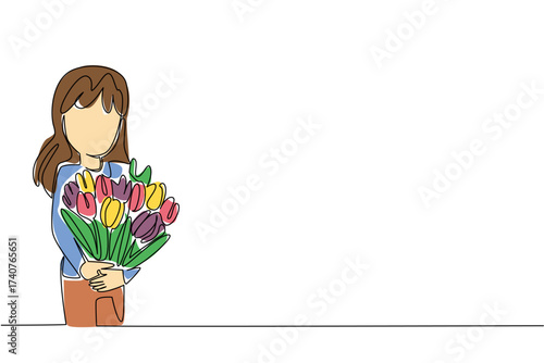 Single one line drawing a little girls wearing tshirts hugging colorful arrangements of tulips. Flowers for the beloved mother. Care. Love. Tulip Day. Continuous line design graphic illustration