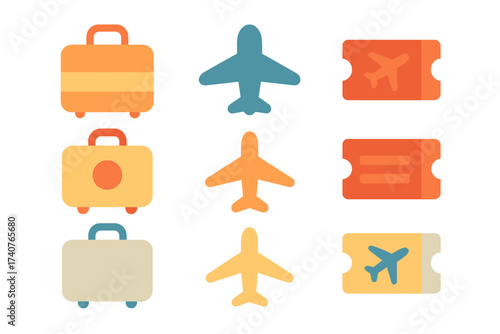 Vibrant travel icons featuring luggage, airplanes, and tickets with glowing effects