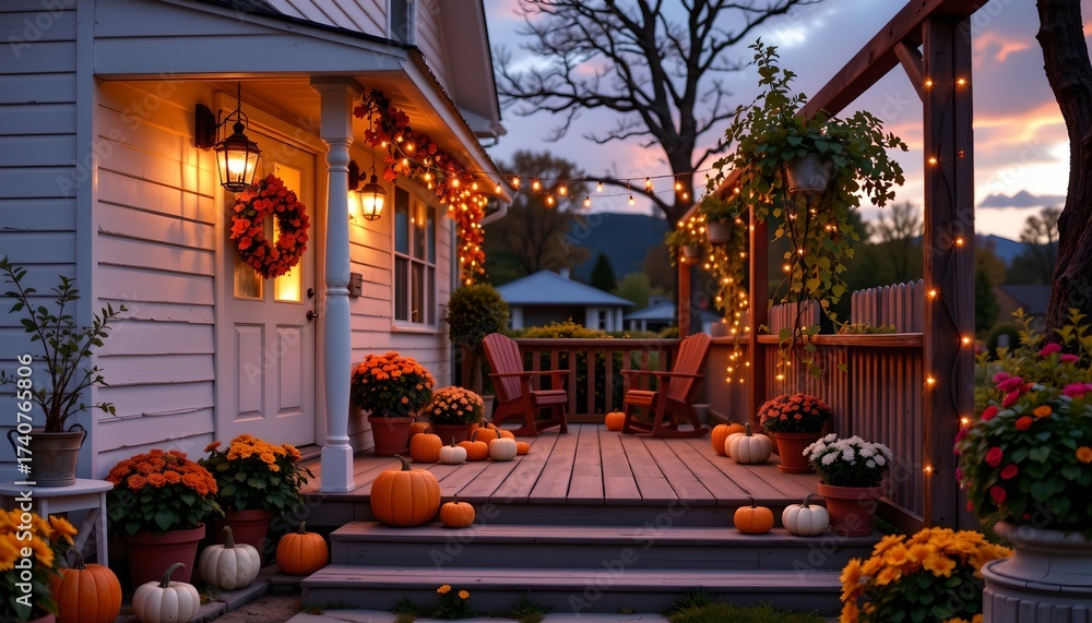 Obraz premium Cozy Autumn Porch Scene with Lanterns and Pumpkins