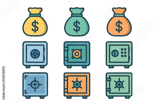 Collection of money bags and safes on dark gradient background in flat design