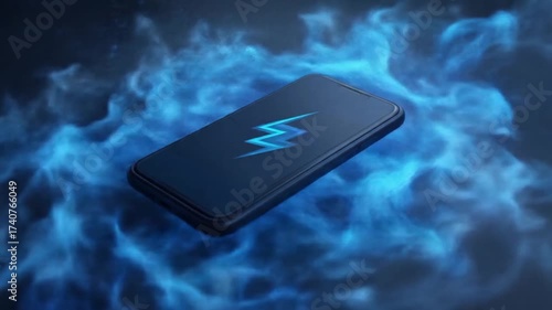 Wireless charging device on abstract blue background with energy
