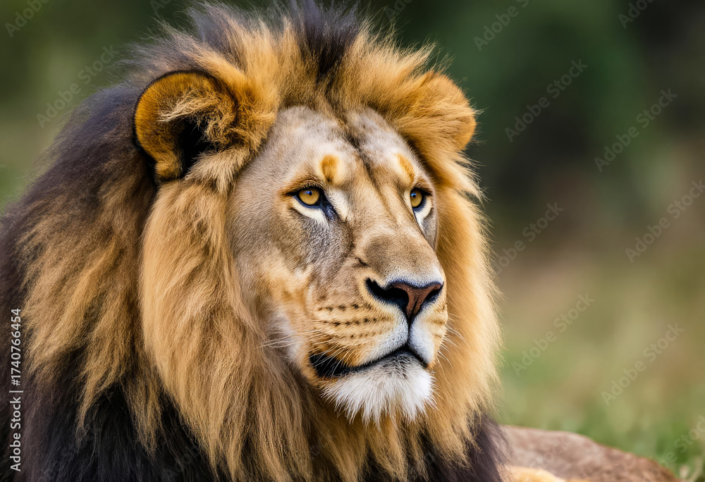 Fototapeta premium Close-up portrait of a male lion with a full dark mane gazing into the distance, captured in natural light with blurred background, showcasing wild life strength and nature’s majesty.