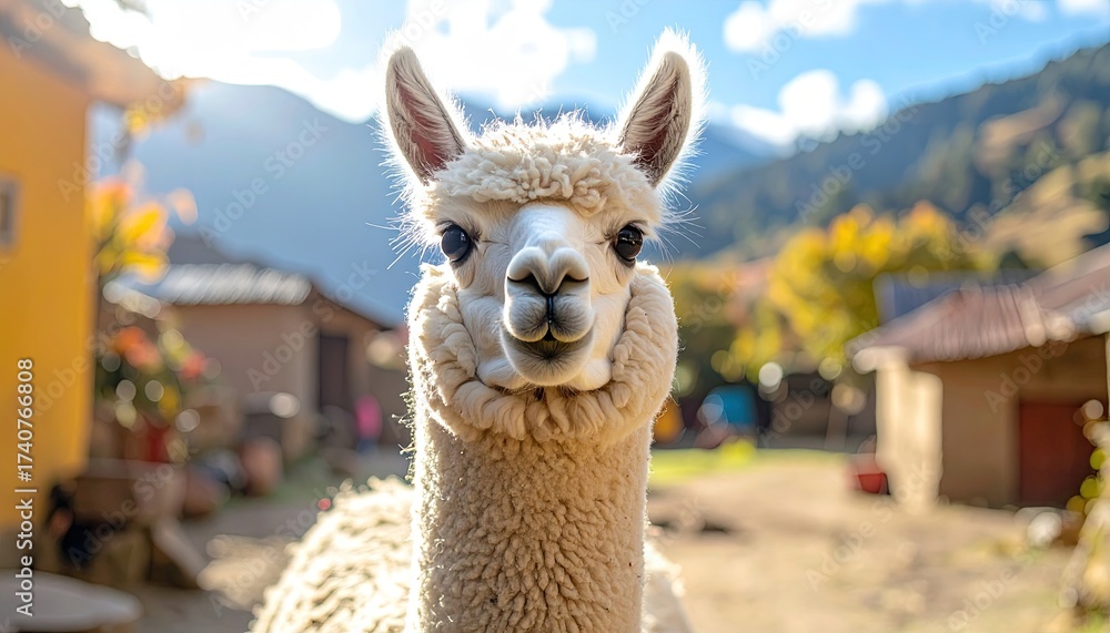 Obraz premium Close Up Portrait of a White Alpaca in Rural Andean Village with Mountain Backdrop Sunny Day
