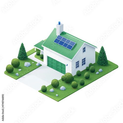 Illustration of a green home with solar panels, showcasing eco friendly technology